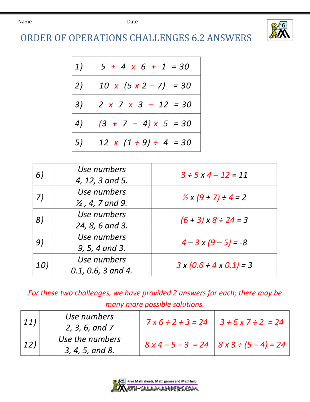 bedmas worksheets grade 6