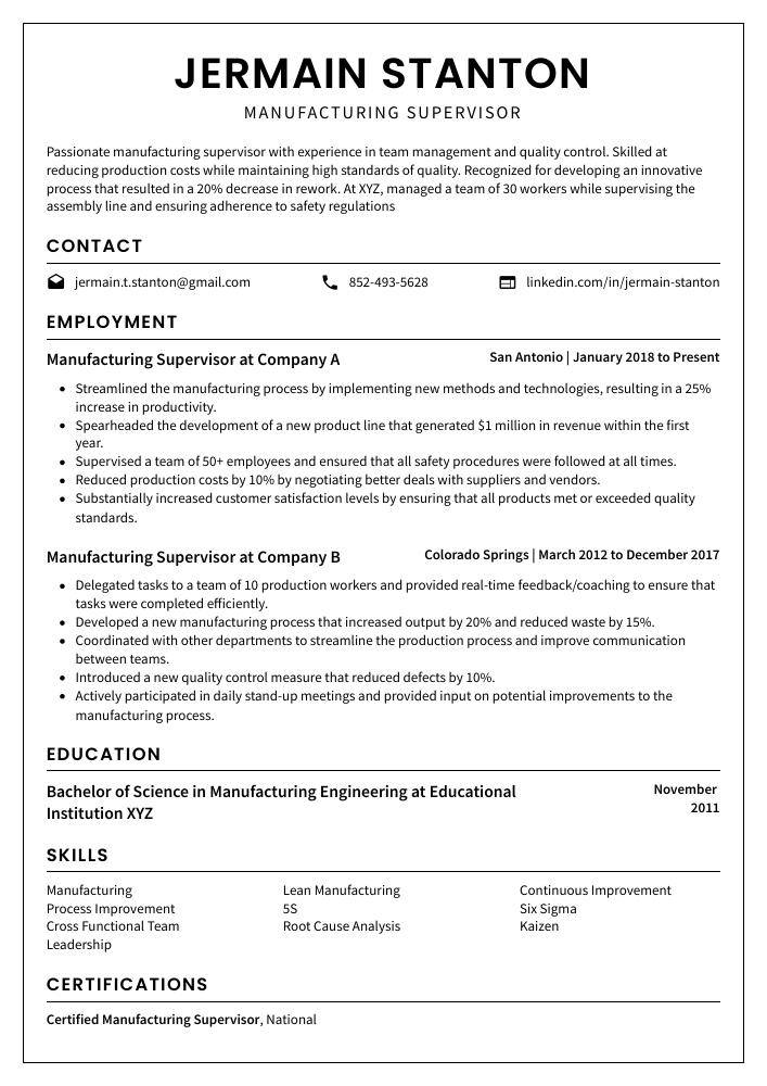 production incharge resume