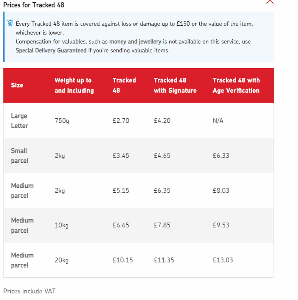 royal mail 48 tracked cost