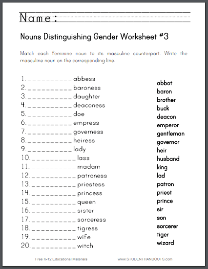 masculine and feminine gender worksheets for grade 1 pdf