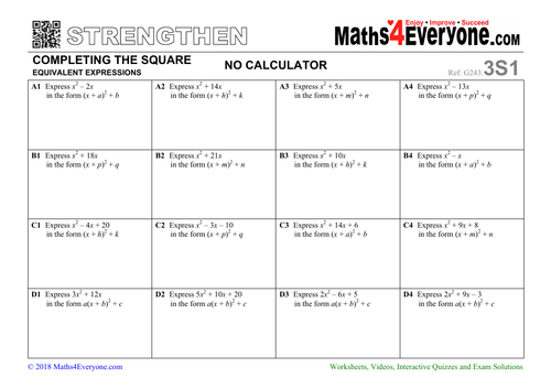 worksheet on completing the square