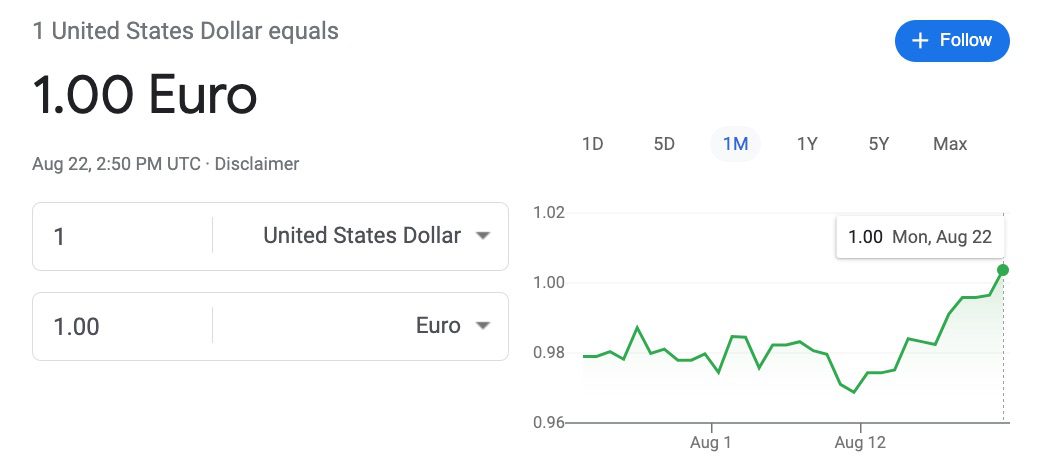 1 euro to us dollar