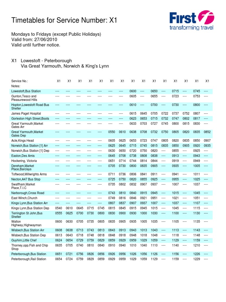 x1 bus timetable