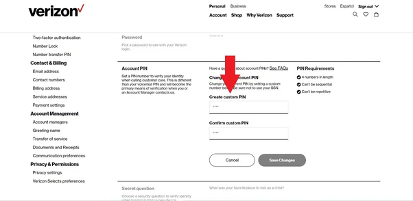 verizon change account pin