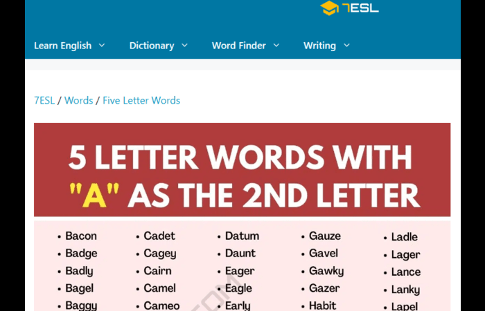 5 letter words with second letter a