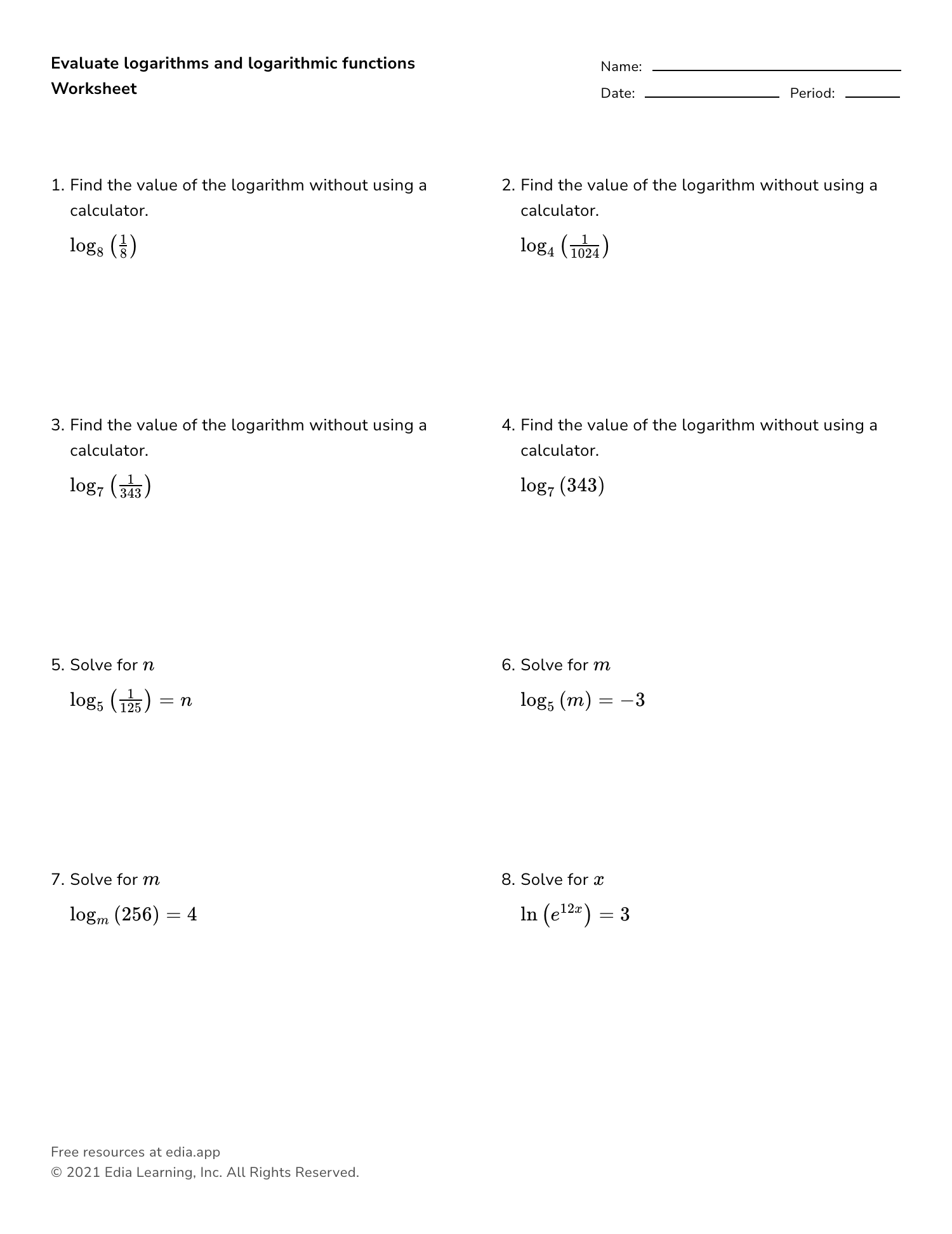 logarithmic functions worksheet