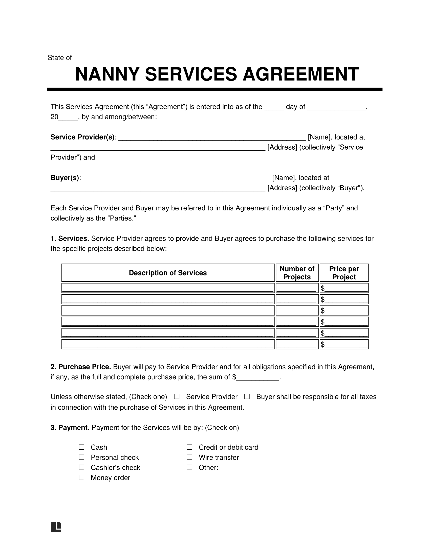 printable nanny contract template