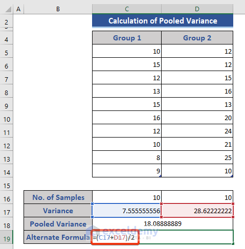 pooled variance in excel