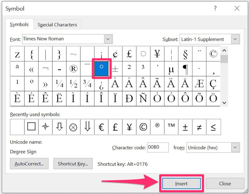 how do you make a degree symbol on word