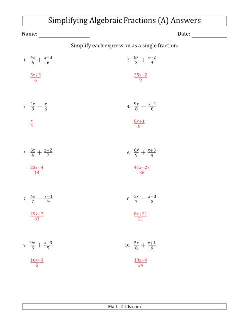 solving algebraic fractions worksheet