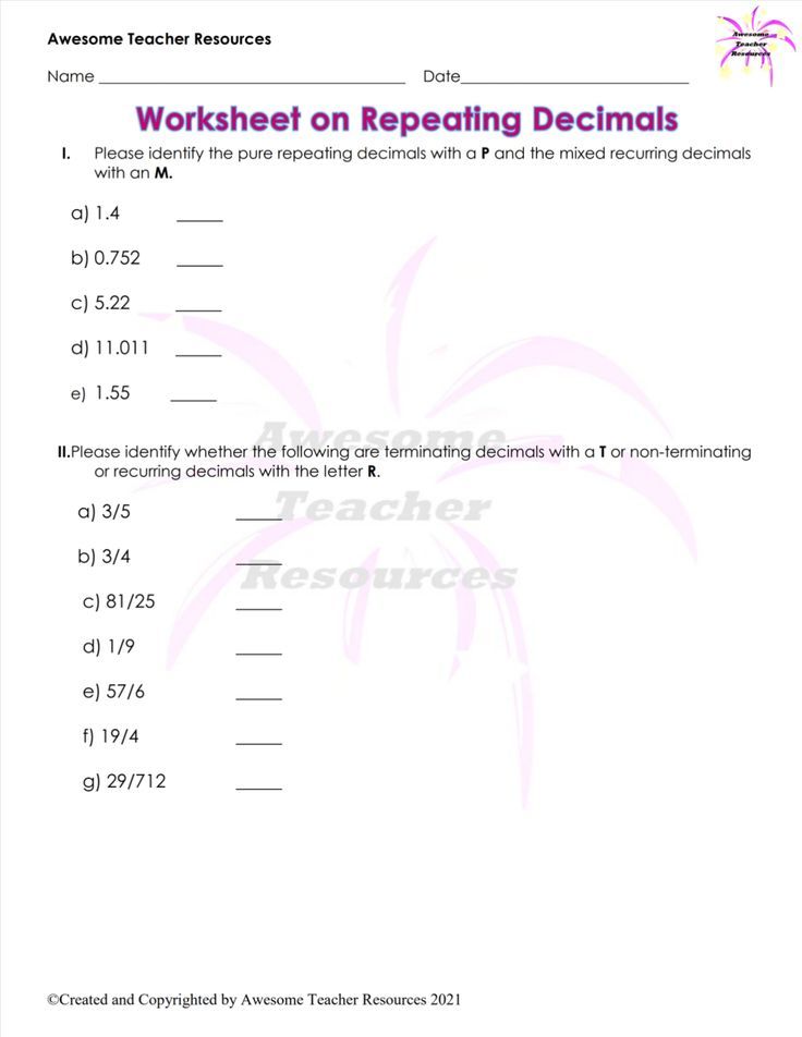 terminating and non terminating decimals worksheet