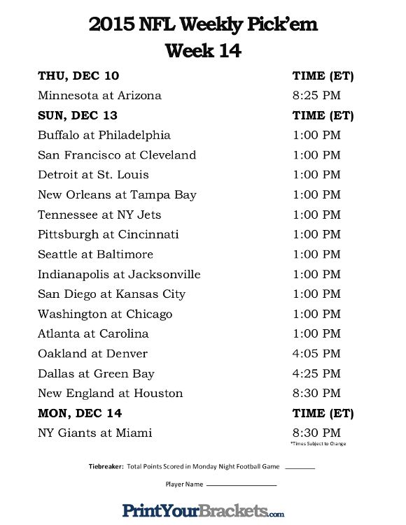 nfl week 15 printable schedule