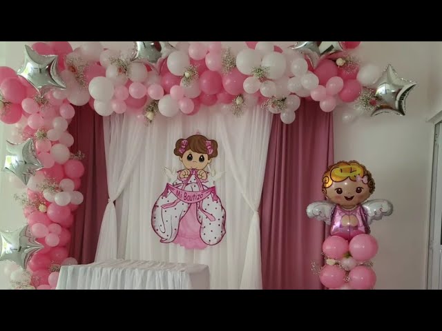 decoracion con globos para bautizo de niña en casa