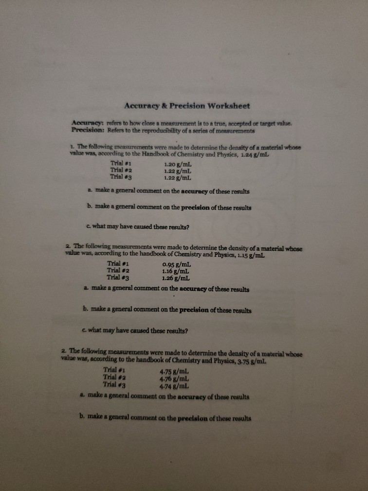 accuracy and precision worksheet answers key