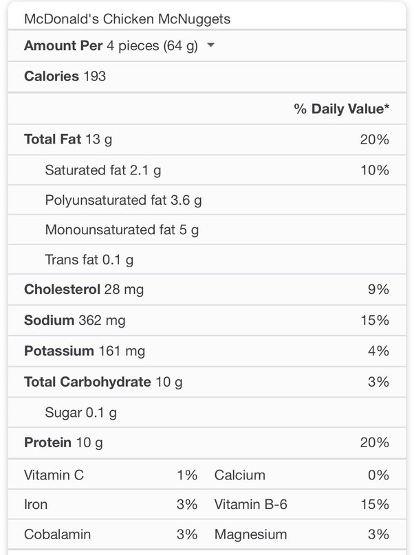 calories for 20 piece chicken mcnuggets