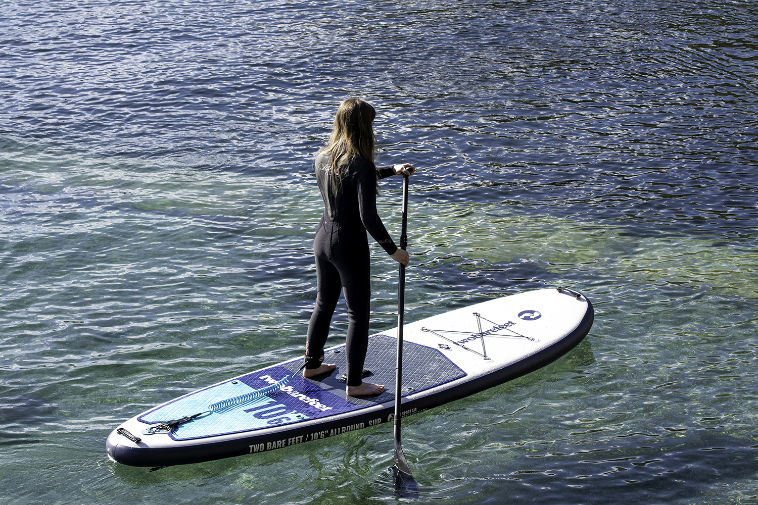 2 bare feet paddle boards