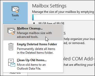 outlook mailbox size limit check