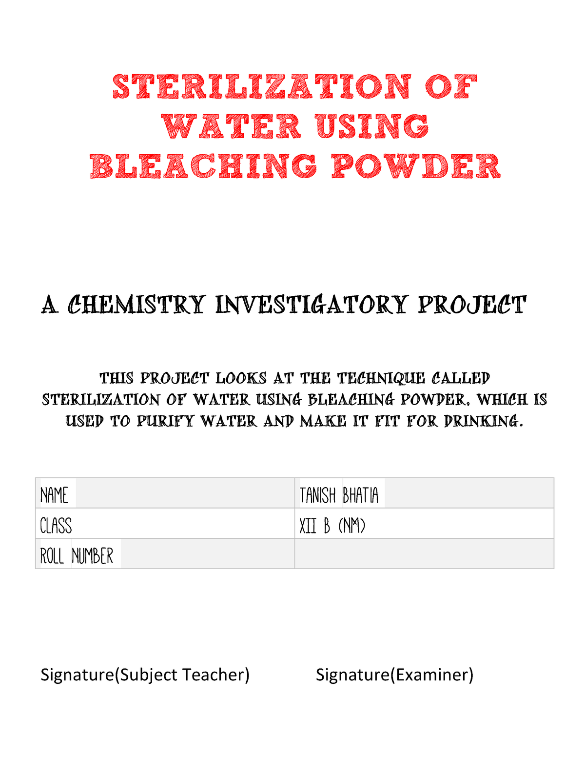 sterilization of water using bleaching powder project pdf