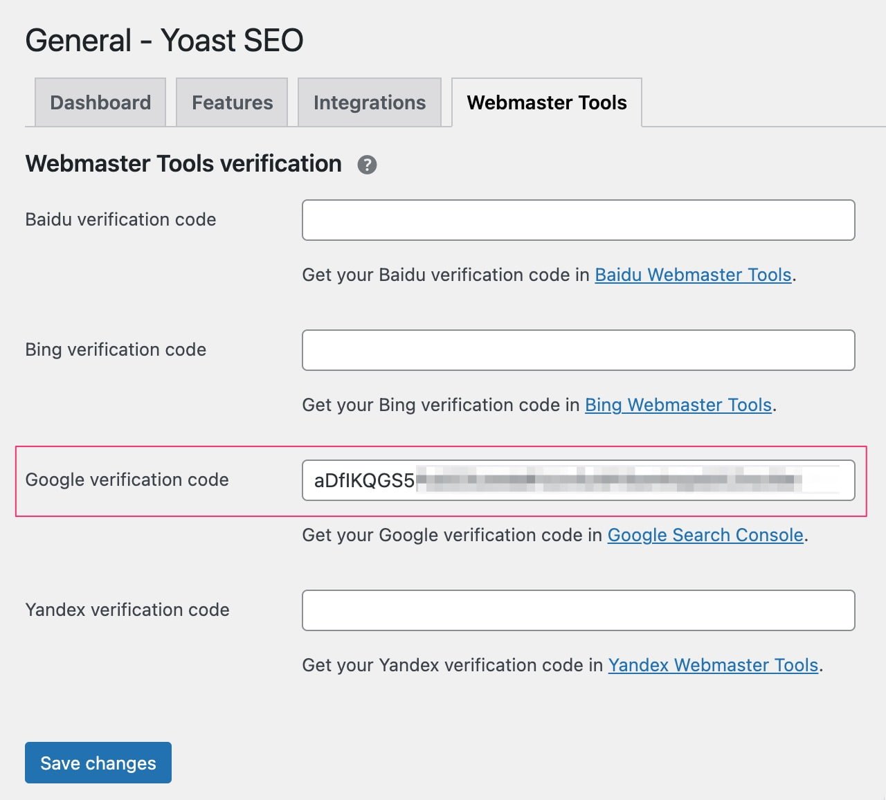 get google verification code for yoast