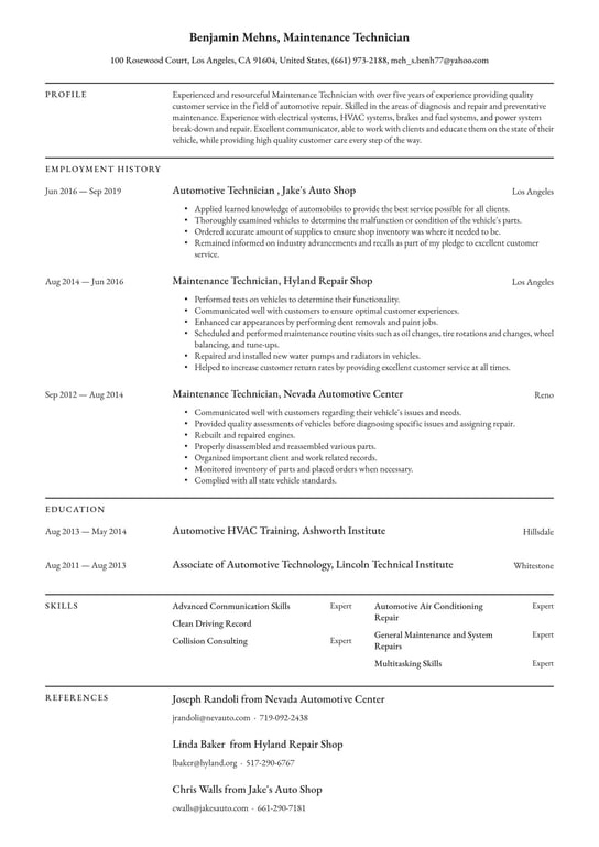 maintenance technician resume summary