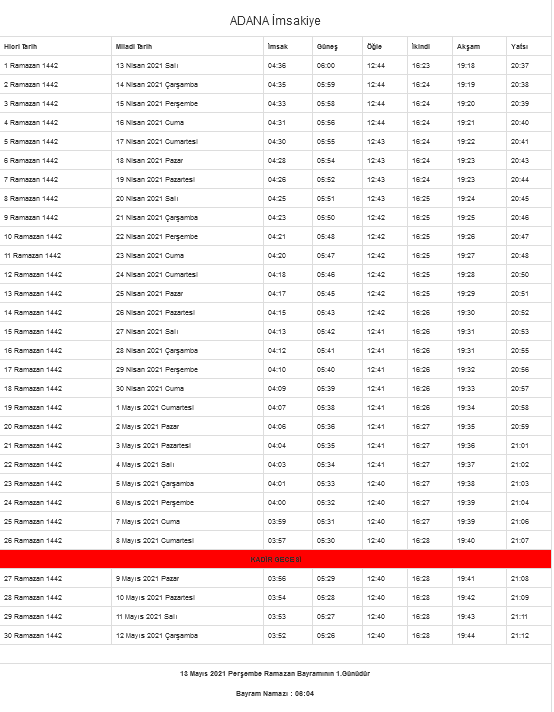 adana namaz vakitleri 2021