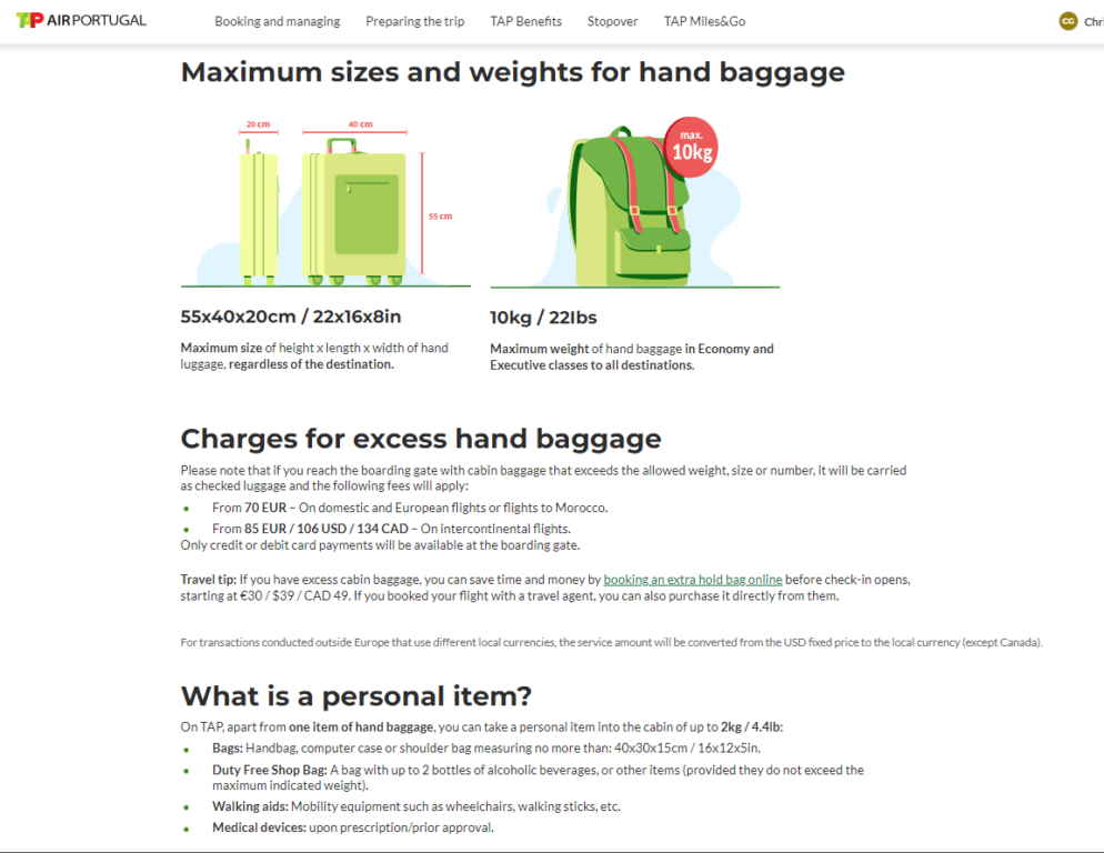 tap baggage charges