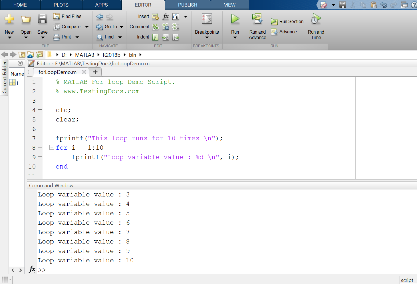 how to use for loop in matlab