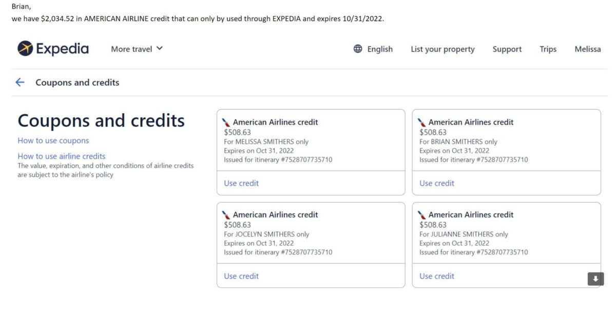 american airlines trip credits