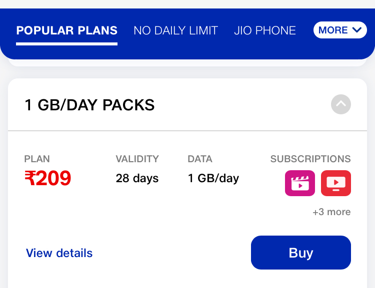 jio recharge plan 1gb per day