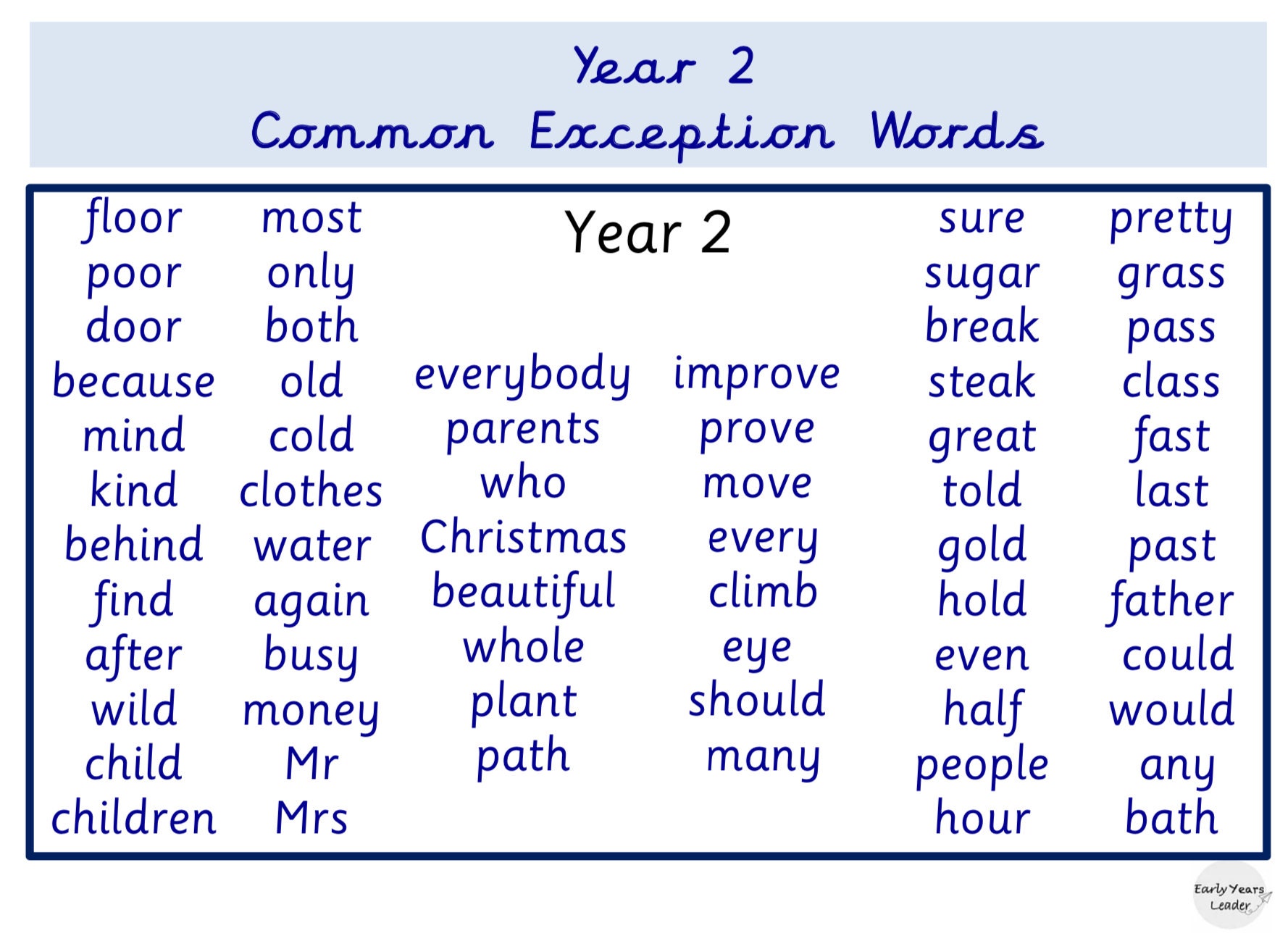 year 2 common exception words list