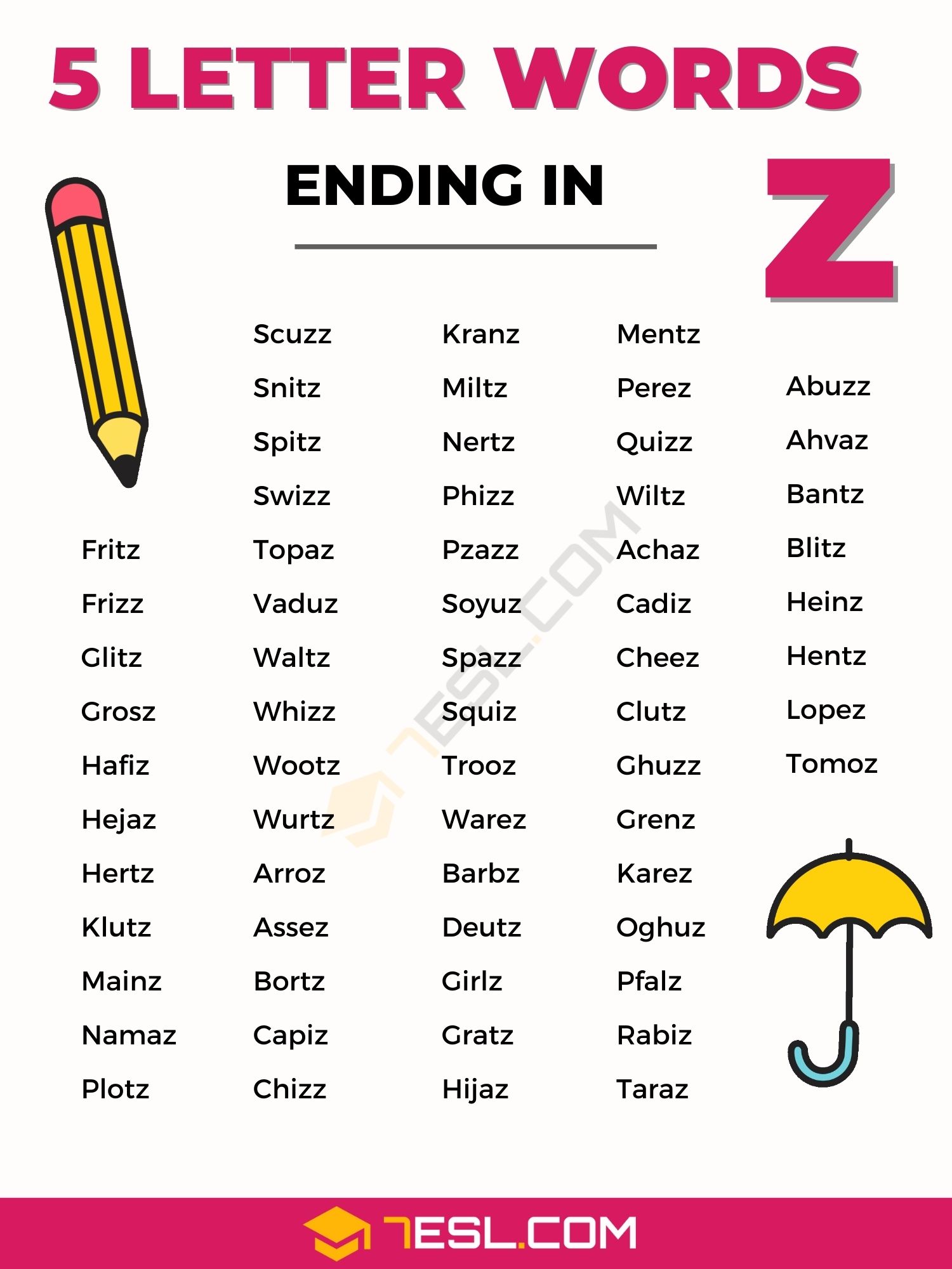 5 letter words ending in z