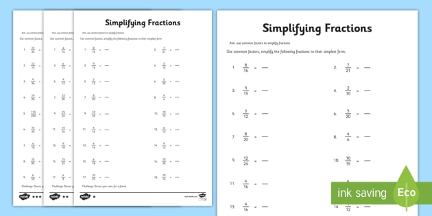 simplest form fractions worksheet