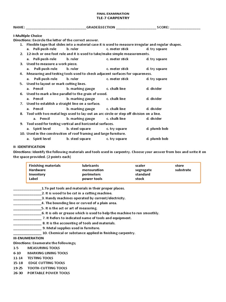 carpentry test questions and answers pdf