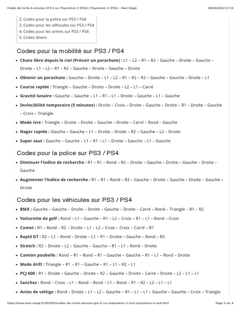 code de triche pour gta 5 sur ps4