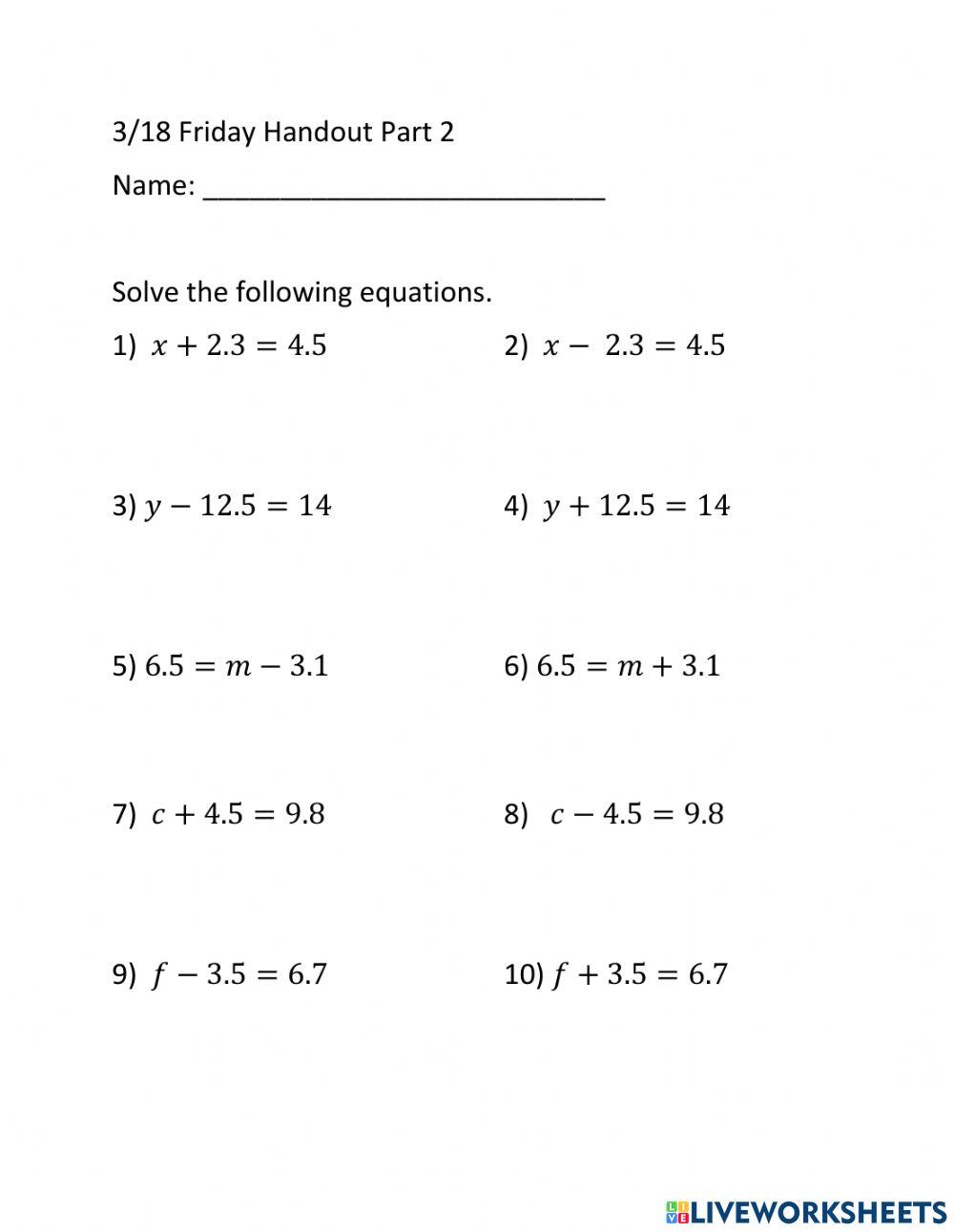 simple linear equations worksheet pdf