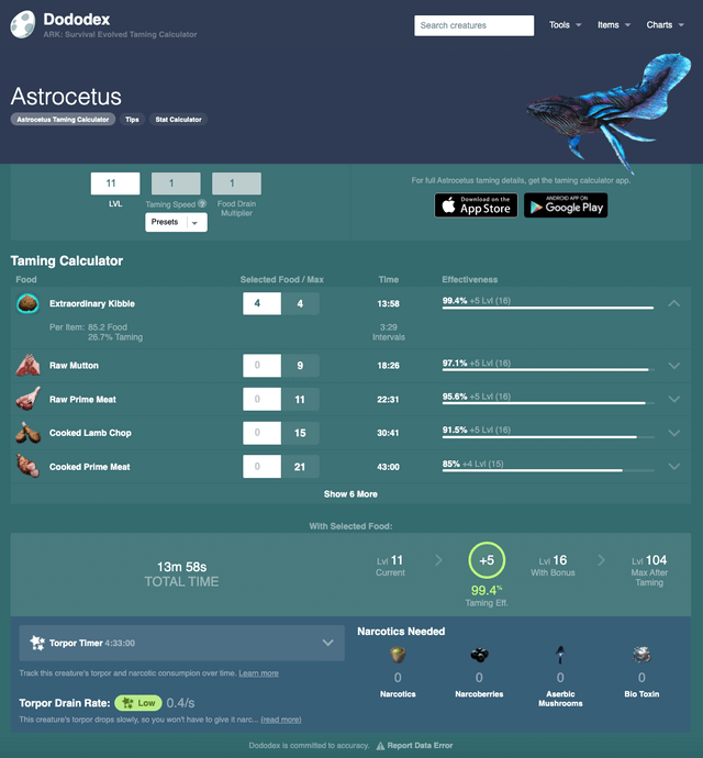 ark taming calculator