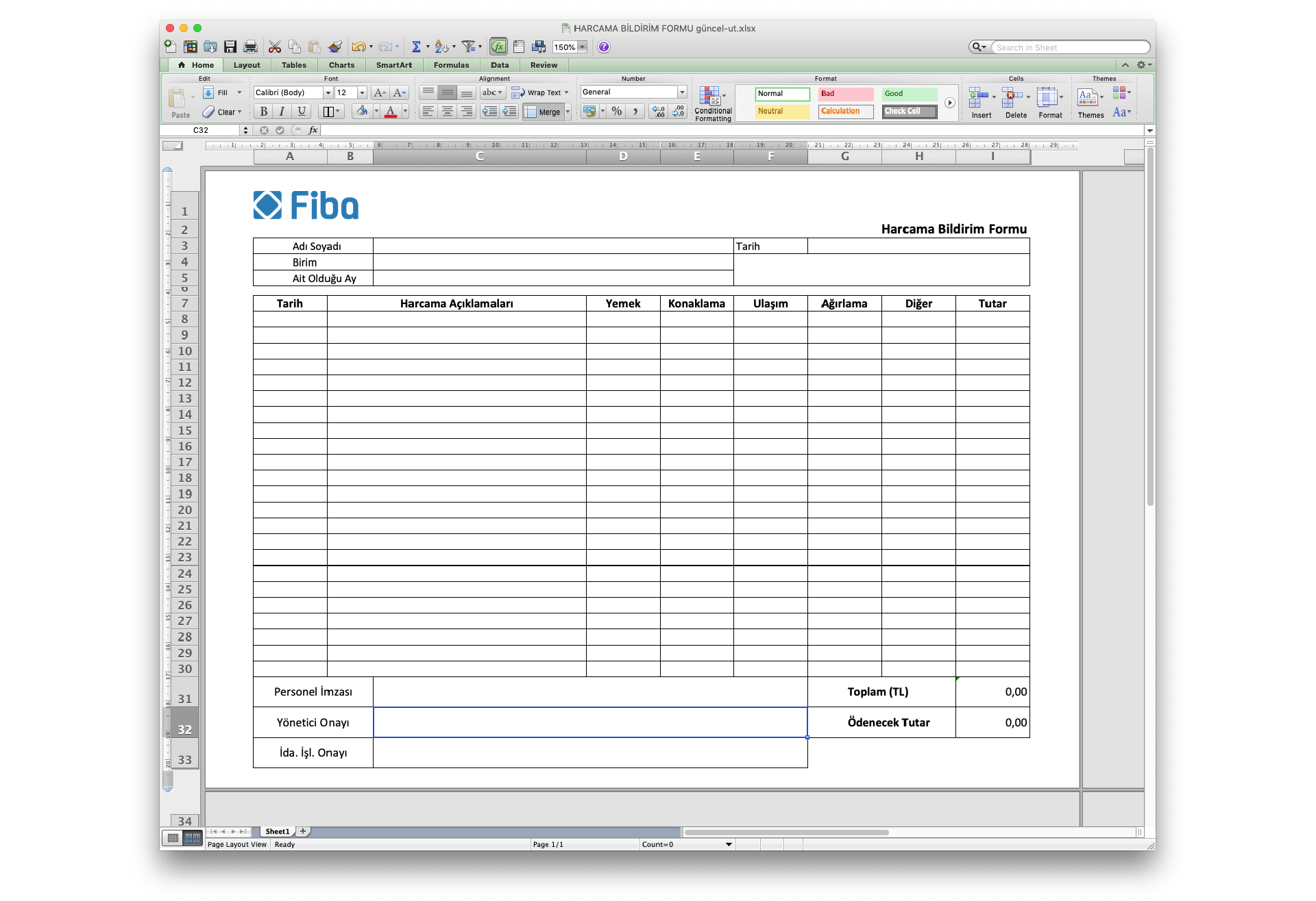 excel masraf formu