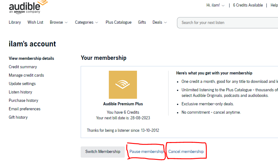 how to pause audible membership