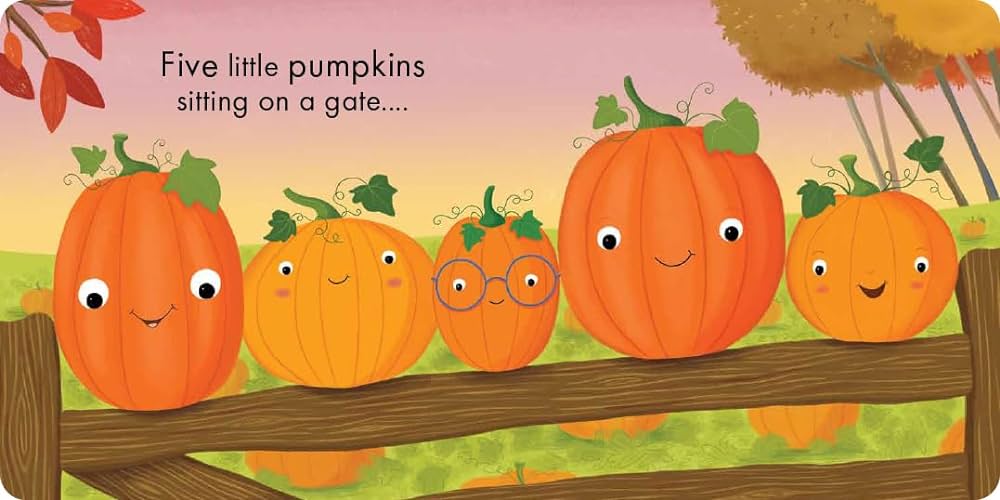 5 pumpkins sitting on a gate