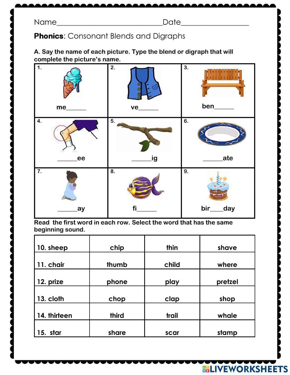 blends and digraphs worksheets