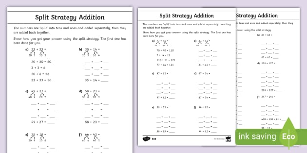 split strategy addition worksheets