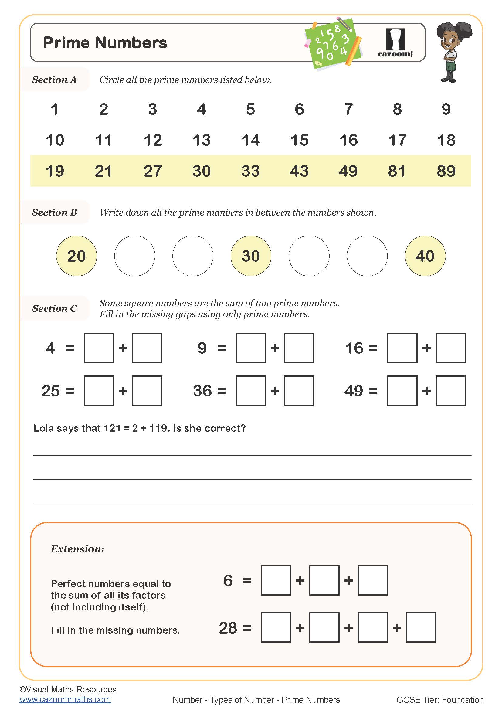 worksheet prime numbers