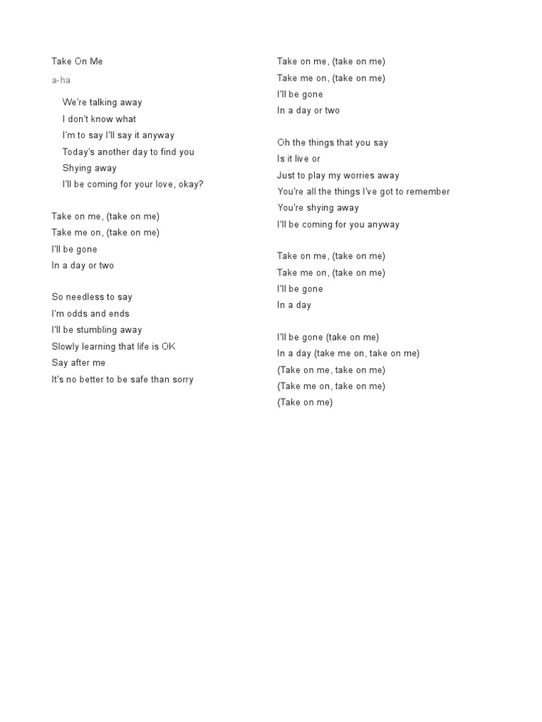 take me on me lyrics