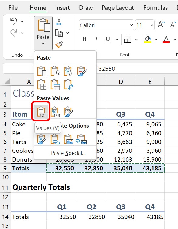 shortcut to paste values