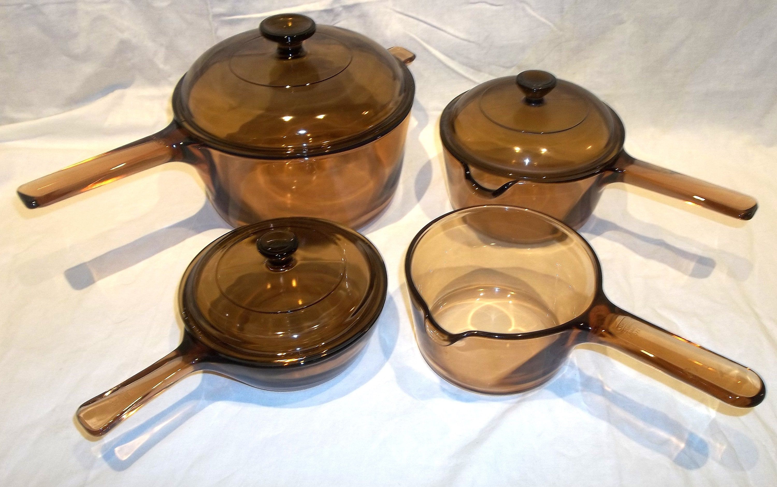 brown glass saucepans