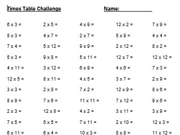 times table question sheet