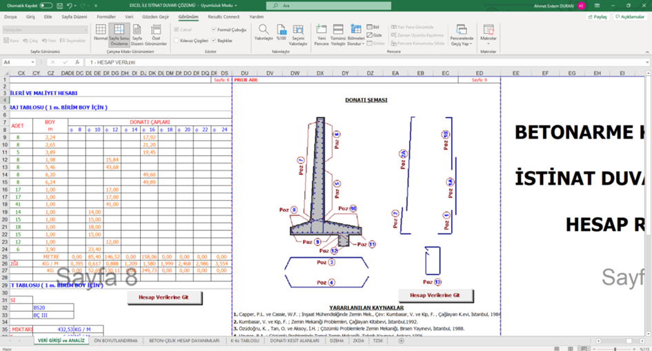 istinat duvarı excel