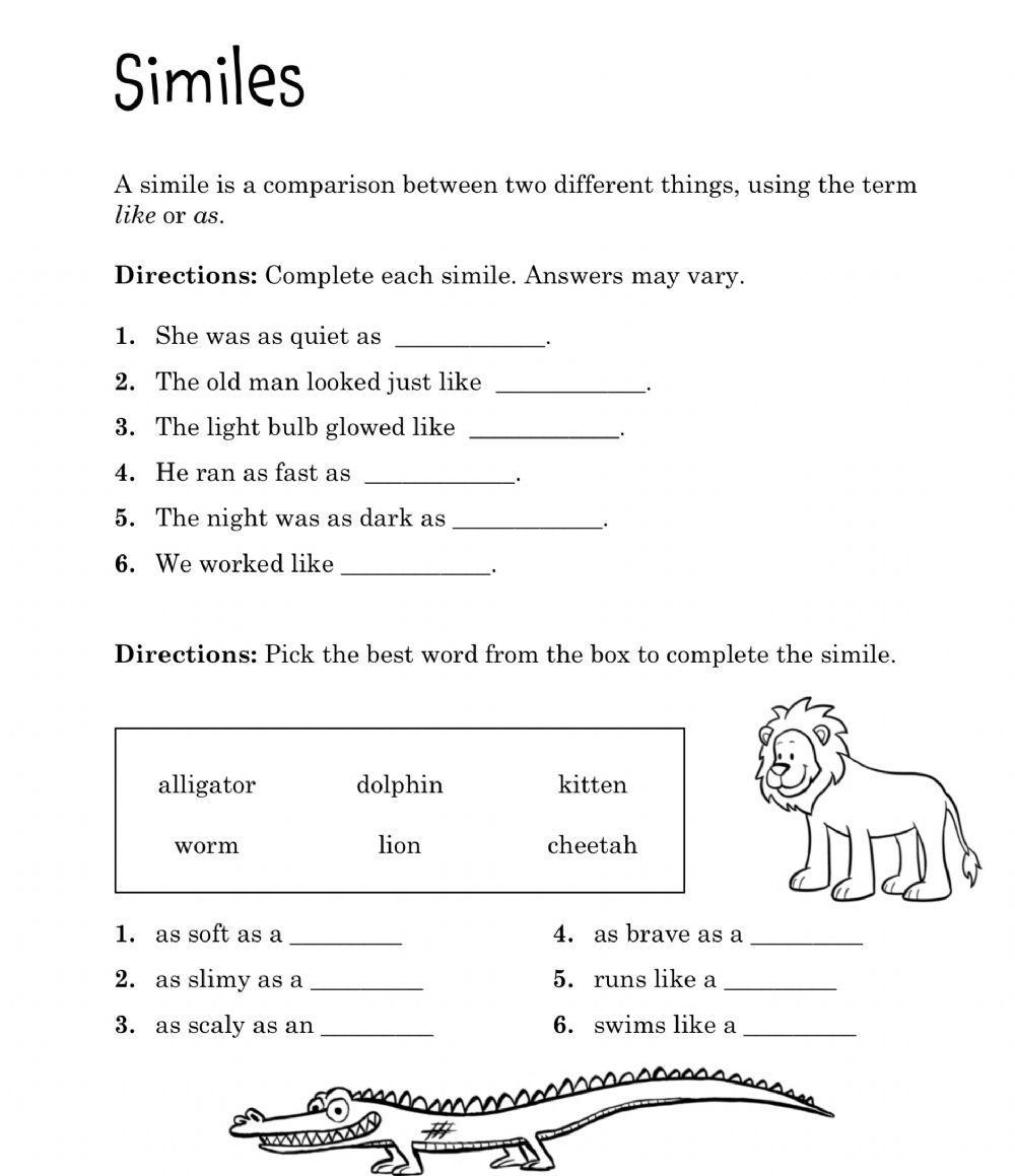 simile worksheet for grade 3