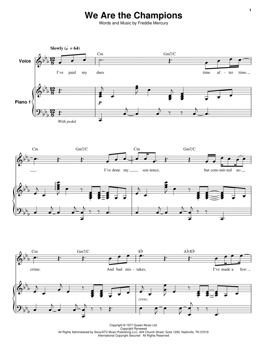 queen we are the champions piano sheet