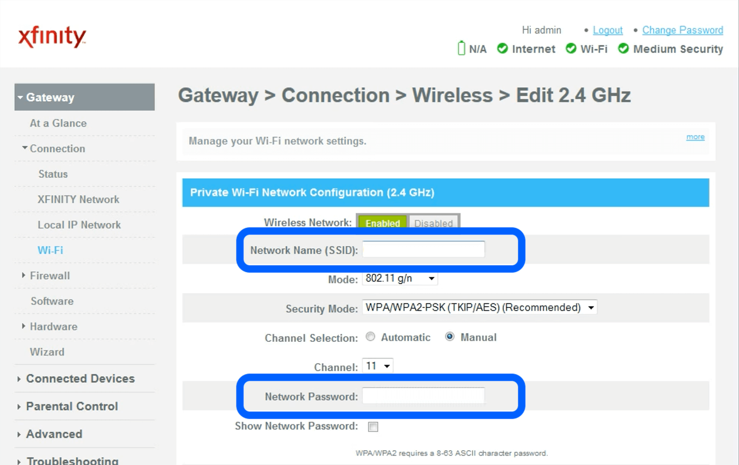 xfinity router default admin password